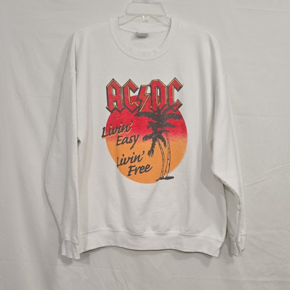 Junk Food Men's Lg AC/DC Graphic Logo Crew Neck Fleece Pullover Sweatshirt White